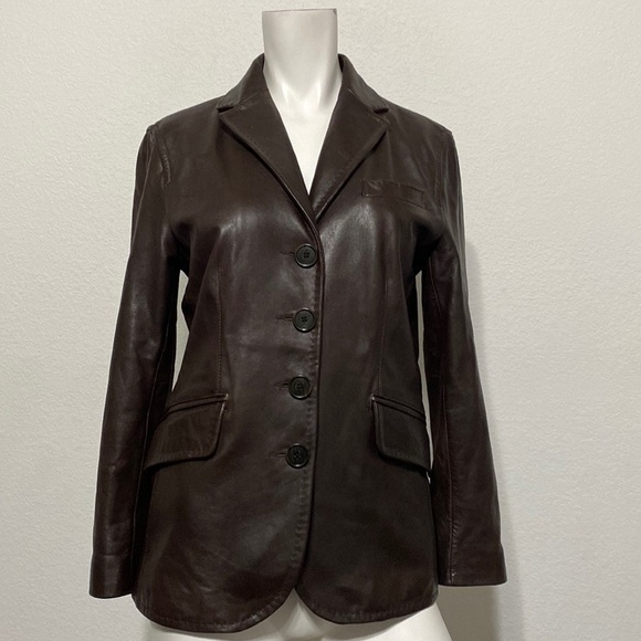 Ann Taylor Super Soft Genuine Leather Button Front Brown Collared Jacket Size 6 - Picture 1 of 10